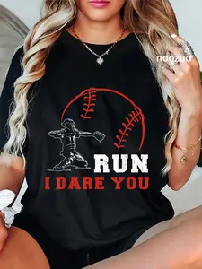 100% Cotton Vintage Humor Baseball Ideas Run Steal I Dare You Baseball Catcher Baseball Mom T-Shirt