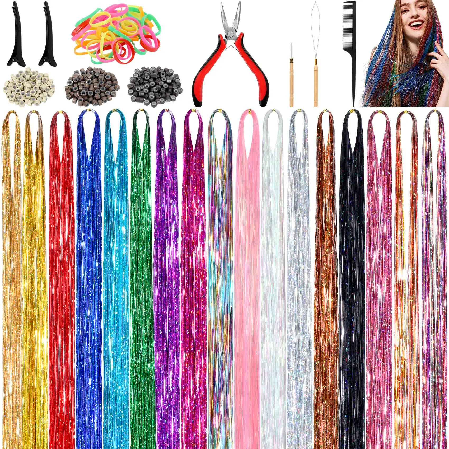 17-Color Hair Tinsel Kit Include 4250 strands, Tinsel Hair Extensions with Silicone Link Rings&Rubber Bands, Specific Color Heat Resistance Glitter Ha