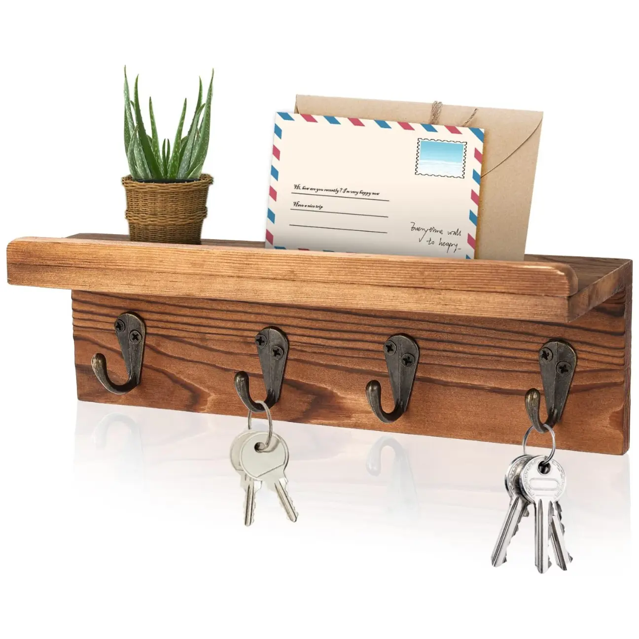 Rustic Key Holder for Wall, Farmhouse Wall Shelf with 4 Hooks, Wall Mounted Key Racks, Wooden Mail Organizer with Hooks for Entryway