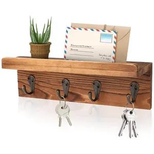 Rustic Key Holder for Wall, Farmhouse Wall Shelf with 4 Hooks, Wall Mounted Key Racks, Wooden Mail Organizer with Hooks for Entryway