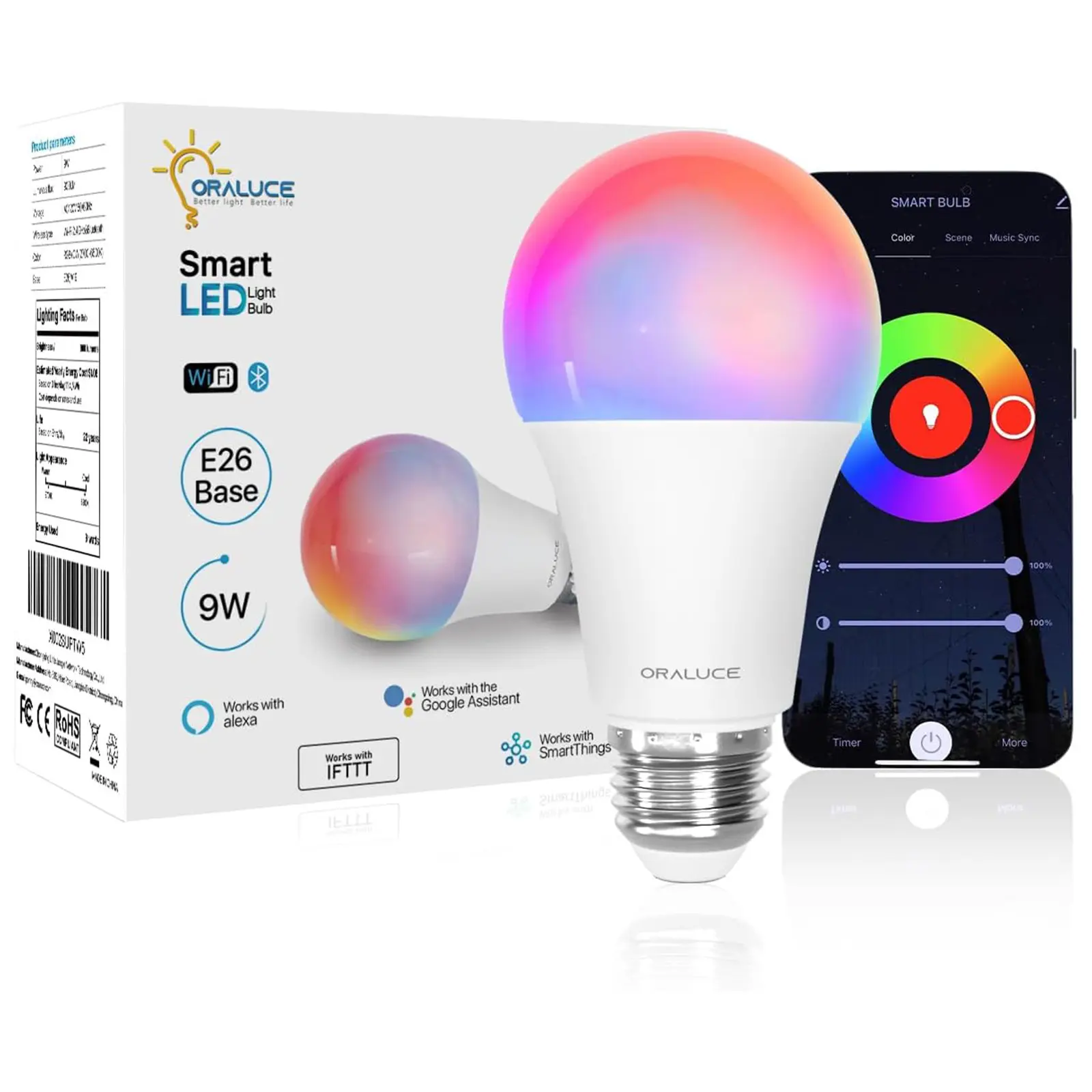 WiFi＆Bluetooth A19 Smart LED Light Bulbs Work with Alexa Google Home Compatible, RGBCW 2700-6500K control Color, E26 2 Pack Modern Rgbw Music Sync Scene