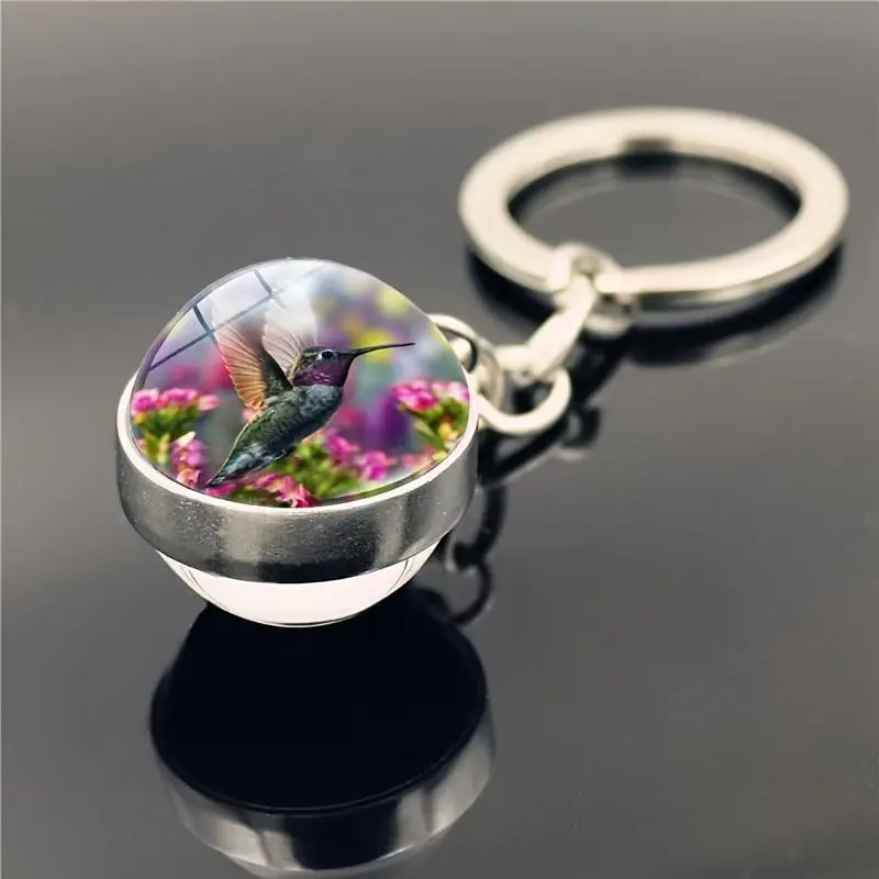 Hummingbird Time Synthetic Gemstone Chain-Attached Keychain Charm - Double-Sided Glow-in-the-Dark Crystal Glass Ball, Glow Emblem, Ideal for Car Decor, Perfect Anniversary Gift for Fashion Accessory Enthusiasts