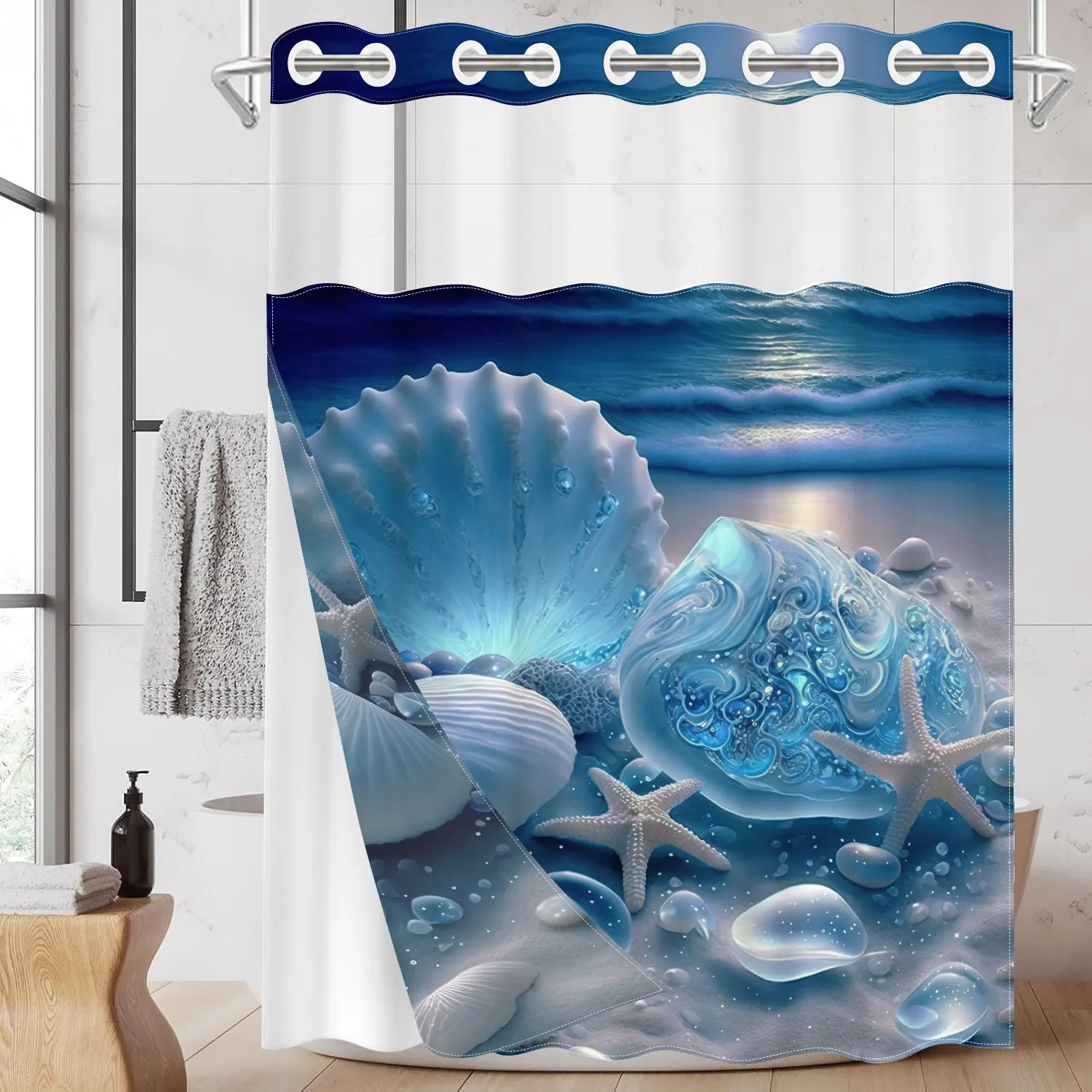 1 Pack No Hook Double Layer Nautical Shower Curtain, Hookless Shower Curtain, Moonlit Ocean Shell & Starfish Print Bath Curtain, Waterproof, Mildew Resistant, Durable Fabric, Beach Home Decor, Removable Liner, Top See-Through Window, 71"×74"