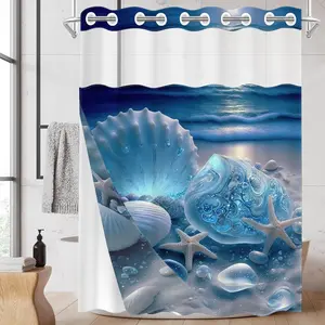 1 Pack No Hook Double Layer Shower Curtain, Moonlit Ocean Shell & Starfish Print Bath Curtain, Waterproof, Mildew Resistant, Durable Fabric, Luxury Beach Home Decor, Removable Liner, Top See-Through Window, Partition Curtain 71"×74"