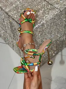 Tropical Plant Print Cross Strap Metal Ball Heel Sandals, Square Toe Slingback High Heels, Comfortable Summer Evening Party Shoes for Women