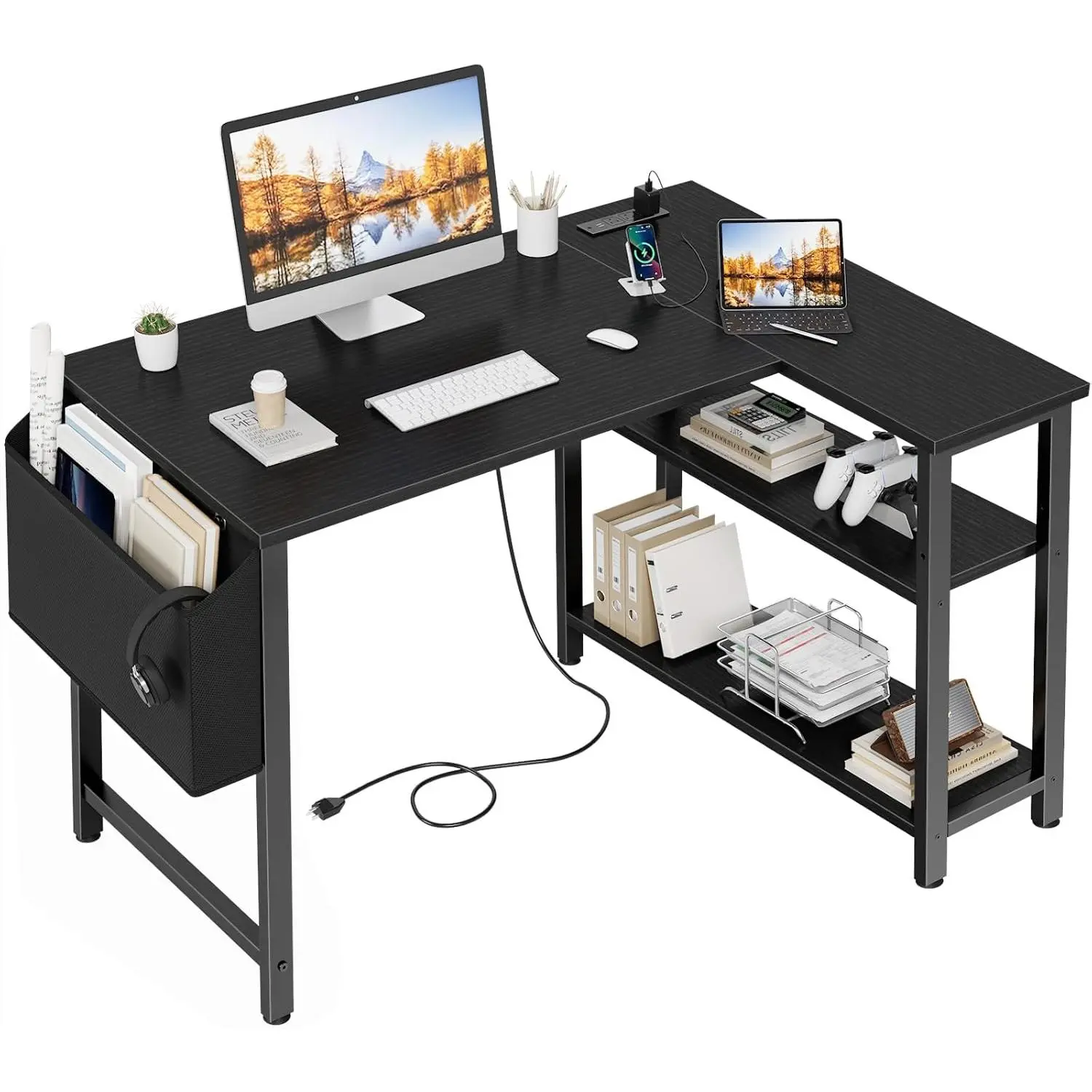 Small L Shaped Desk with Power Outlet Shelves, 40 Inch Corner  Desk for Small Space  Office, L-Shaped Gaming Desk PC Desks with  Station, Black