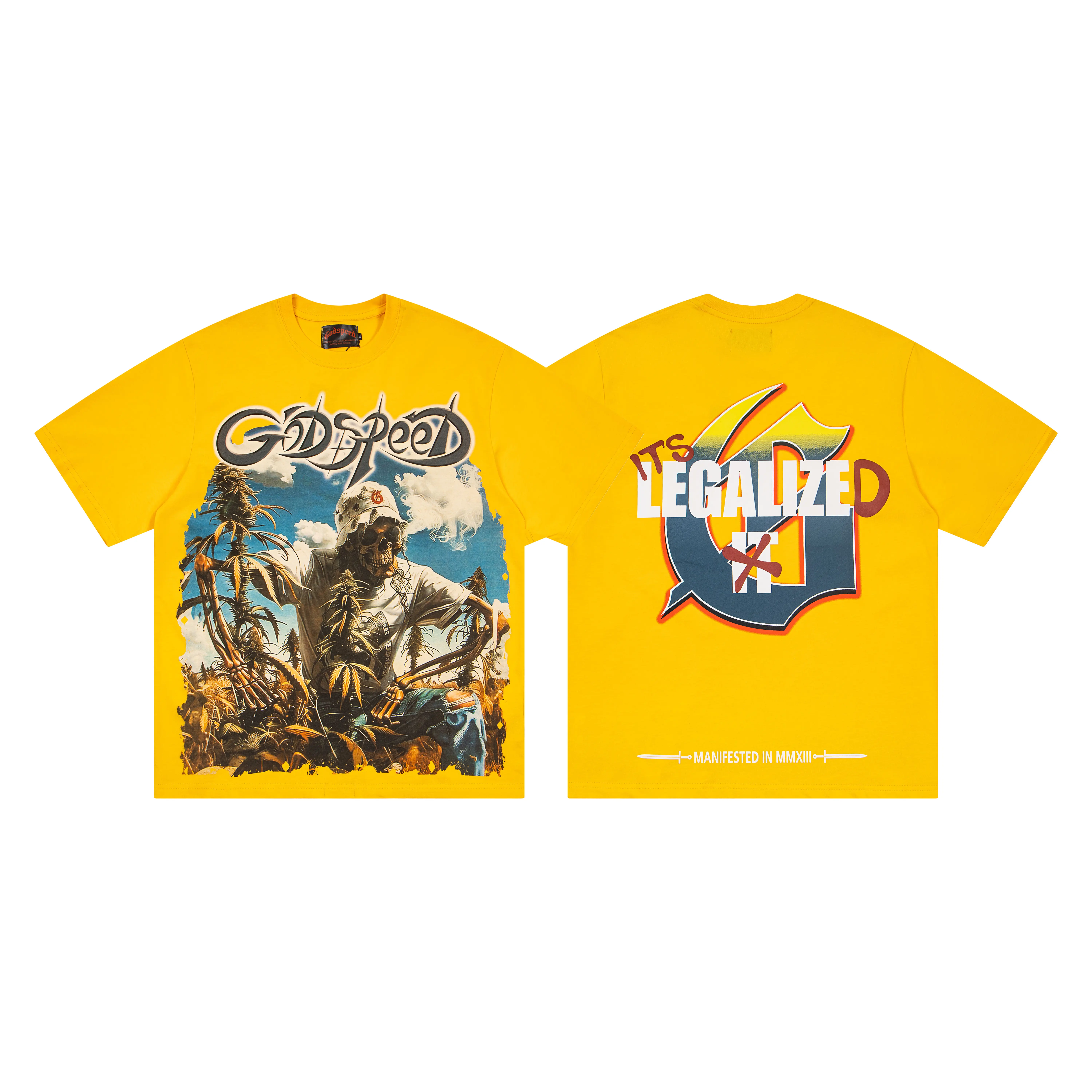 GODSPEED DTG Print Washed Botanical Skeleton Graphic Tee Legalize It Y2K Streetwear Brown Yellow Mens Standard Fit