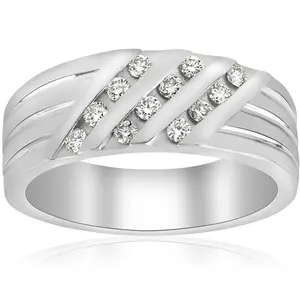 1/2ct Mens Diamond Wedding Ring Three Row 10k White Gold