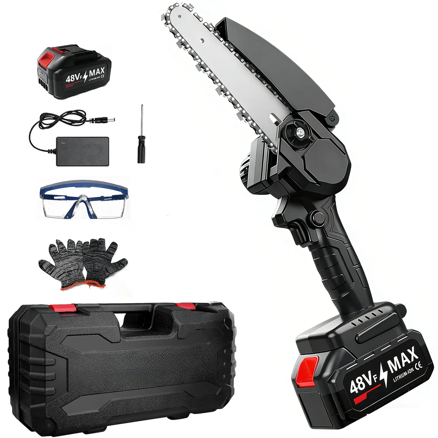 6-inch Mini Cordless Battery Powered Chainsaw, 48V MAX Brushless Motor, Lightweight Balanced Design, Portable Pruner with Work Handle & Security Lock, Rechargeable Efficient Gardening Tool for Men