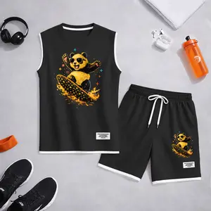 Men’s Cartoon Panda Graphic Print Summer Set Sleeveless Tank Top & Shorts Matching Outfit, Skateboard Style Animal Print Lightweight Casual Streetwear Athletic Set for Everyday & Holiday