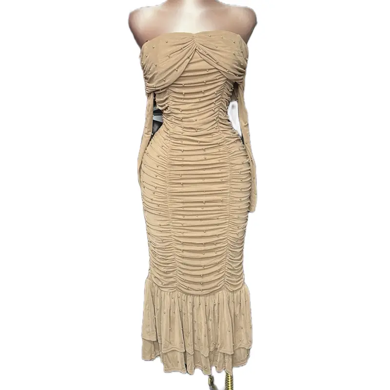 Luna Mesh Pearl Dress - Strapless Ruched Design with Beaded Accents for Elegant Occasions