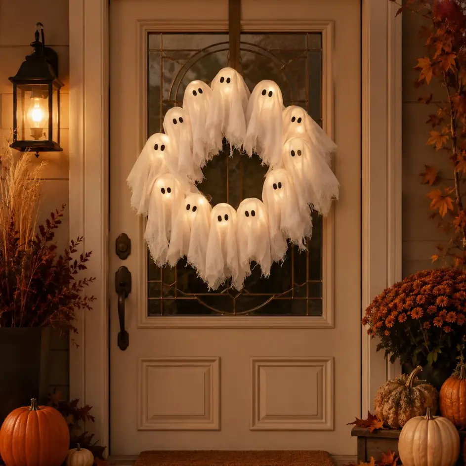 Lighted Halloween Ghost Wreath, Spooky Glowing Ghost Door Decoration for Front Porch, Battery Operated LED White Ghost Garland for Indoor/Outdoor Halloween Home Decor, Scary Festive Holiday Hanging Ornament for Party Wall Window Entryway