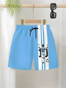 Blue Striped Soccer Shorts, Summer Football Printed Casual Drawstring Shorts, Loose-Fitting All over Print