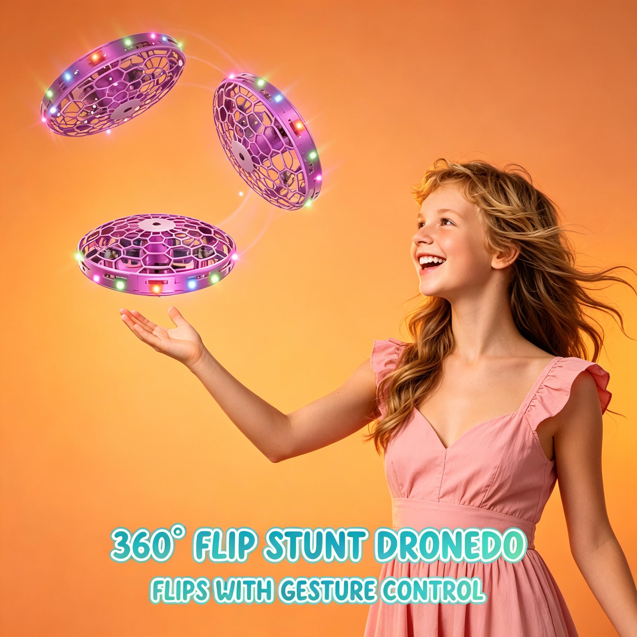 Kids Hand Operated Flying Toy Drone, 360° Motion Sensor Mini UFO Drone with LED Lights, Hands-Free Indoor Flying Ball Toy for Boys Girls Ages 6-10+ (Pink) （ / ）