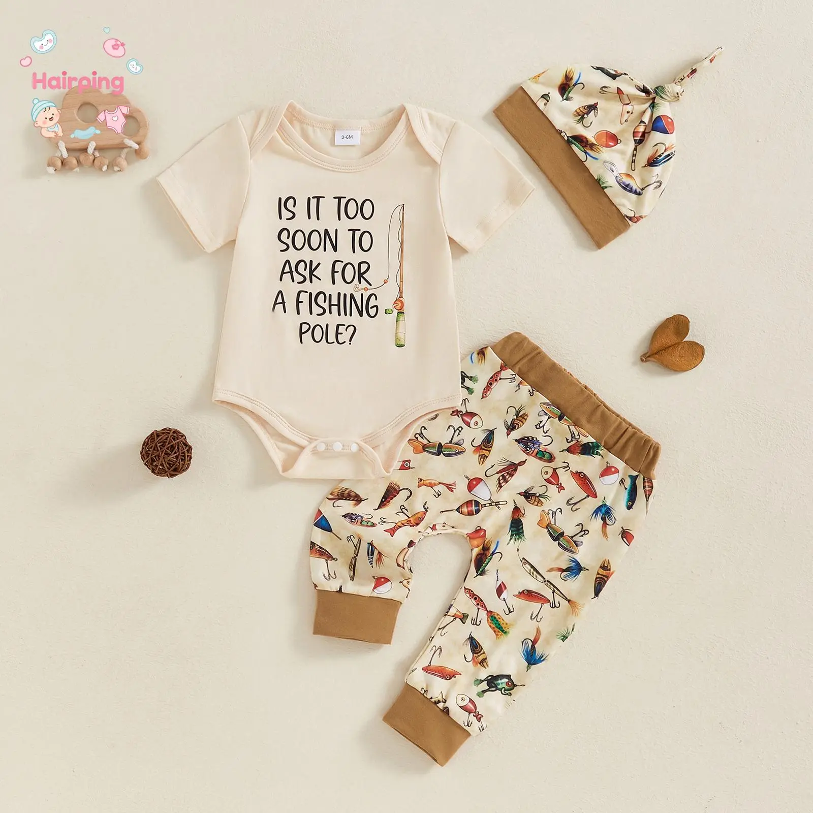 Baby Boy Summer Clothes, Letter Print Short Sleeve Romper with Fish Pattern Pants and Hat 3 Pcs Set, Casual Baby Boy Set