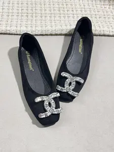 Women's Square Toe Ballet Flats, Luxury Rhinestone C Buckle, Textile Upper, Comfortable Rubber Sole, All-Season Casual Shoes