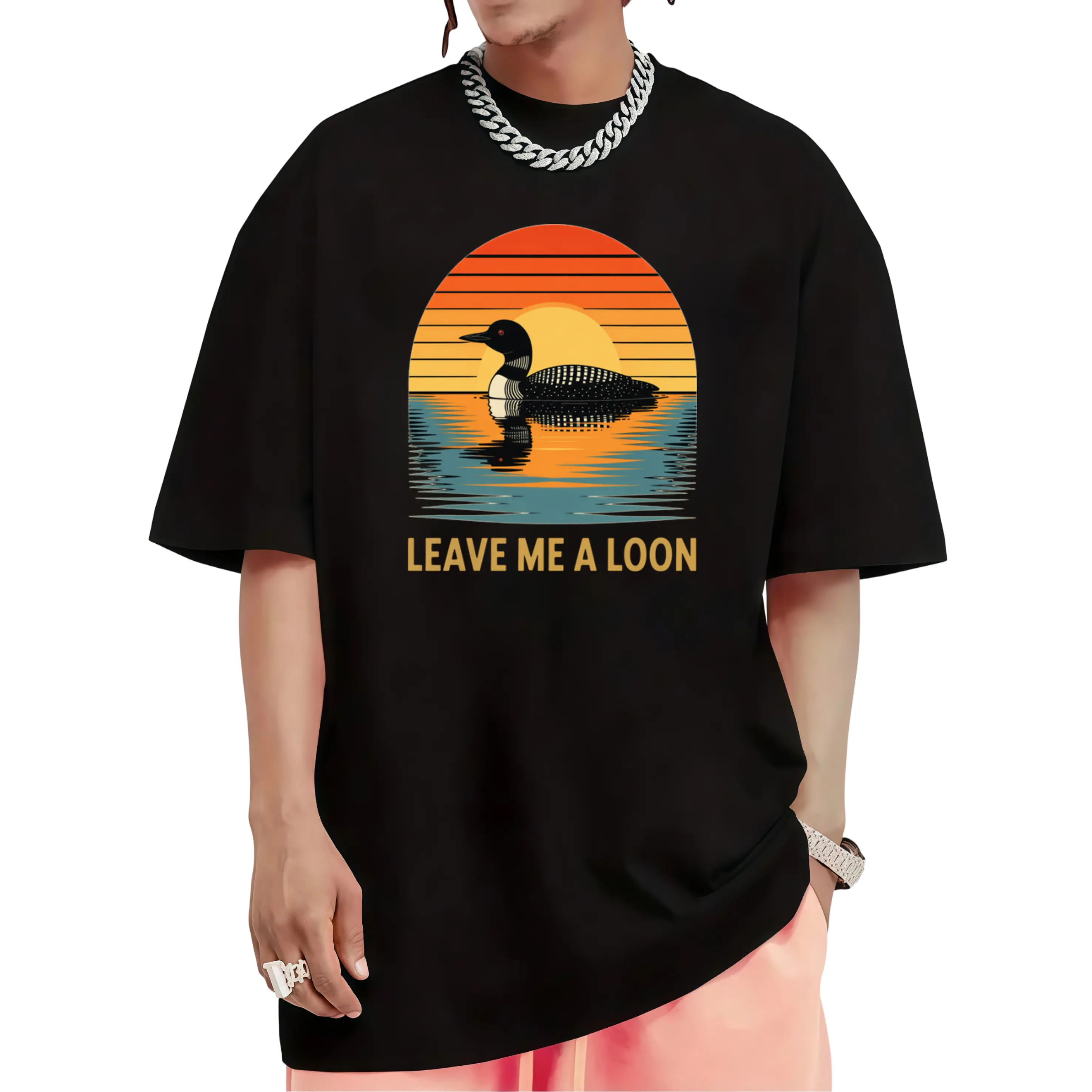Men's vintage-style sunset loon-print T-shirt featuring a casual crew neck; ideal for everyday wear, lakeside relaxation, and birdwatching enthusiasts.