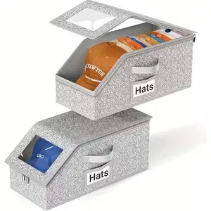 Large Capacity Foldable Fabric Hat Storage Box, Dual Handles, Transparent Window, Dustproof Portable Organizer for Baseball Caps, Underwear, Toys, Fabric Storage Bins, Collapsible Storage Boxes, Folding Storage Boxes