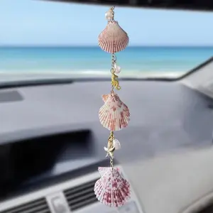 Cute Seashell Car Decoration, Bohemian Beach Theme Rearview Mirror Ornament, Handmade Starfish Shell Pendant for Women
