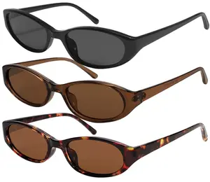 3 PCS Retro Oval Sunglasses for Women Chic Cat Eye 90s Sunnies Lightweight Narrow Shades UV Protection Trendy Sun Glasses