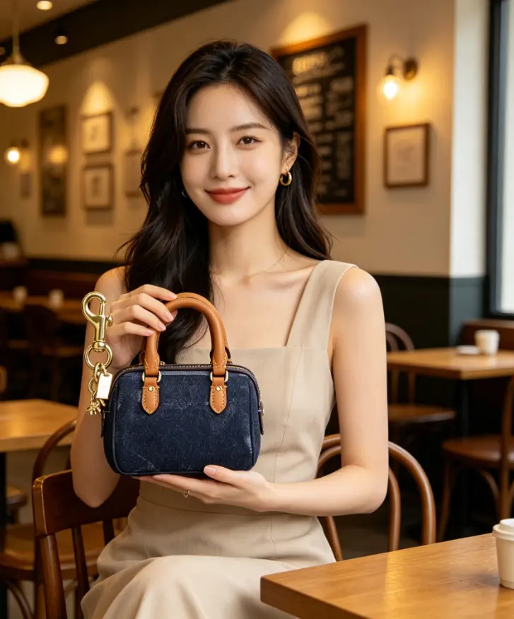 Women's Vintage Denim Mini Barrel Bag Charm - Faux Leather Trim Tiny Coin Purse with Keychain Hook, Retro Chic Keyring for Earbud & Card Storage