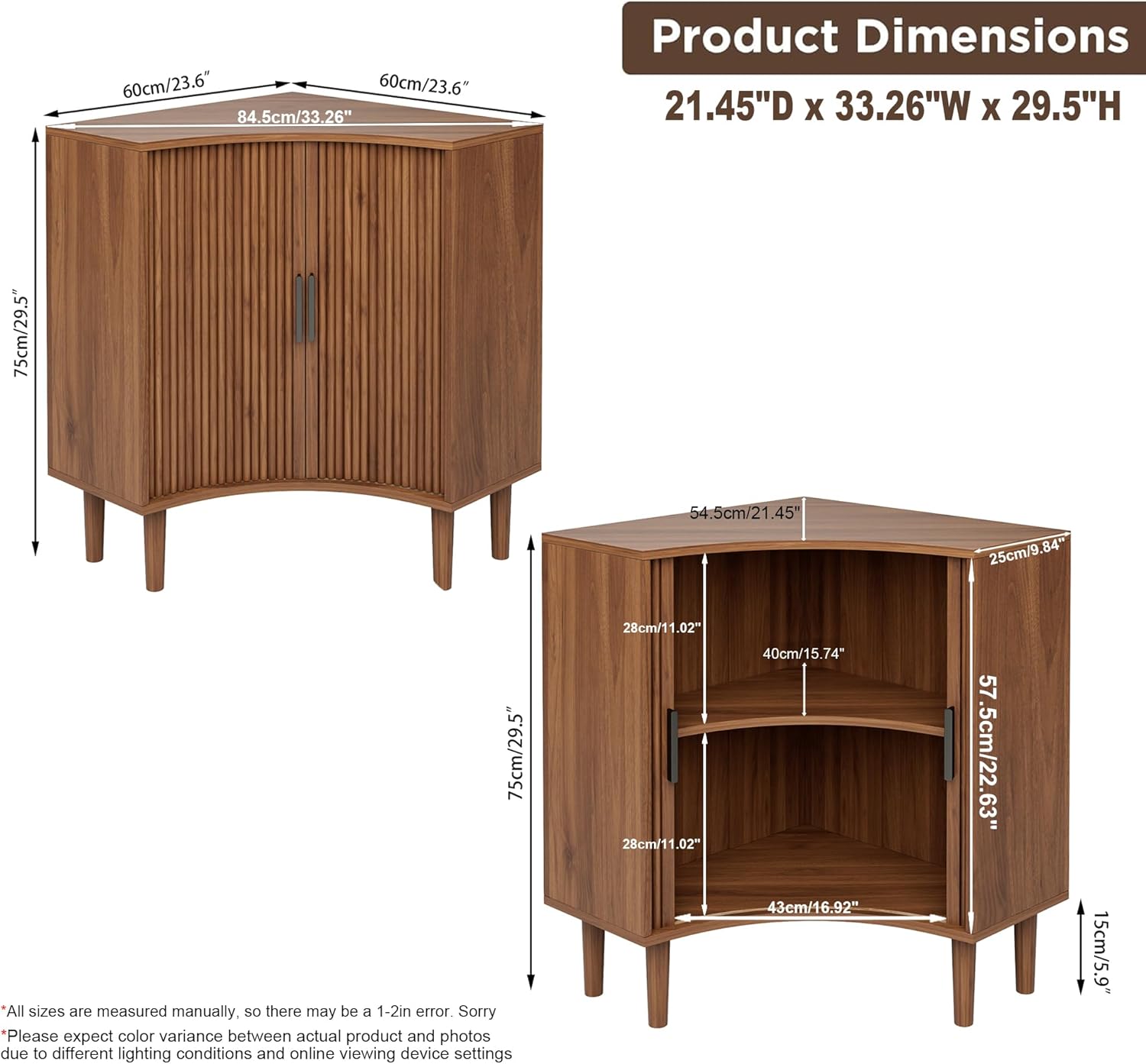 Fluted Corner Cabinet, Small Corner Floor Cabinet with Sliding Doors and Adjustable Shelves, Modern Wooden Freestanding Narrow Storage Organizer for Small Space,Living Room, Dining Room, Bathroom