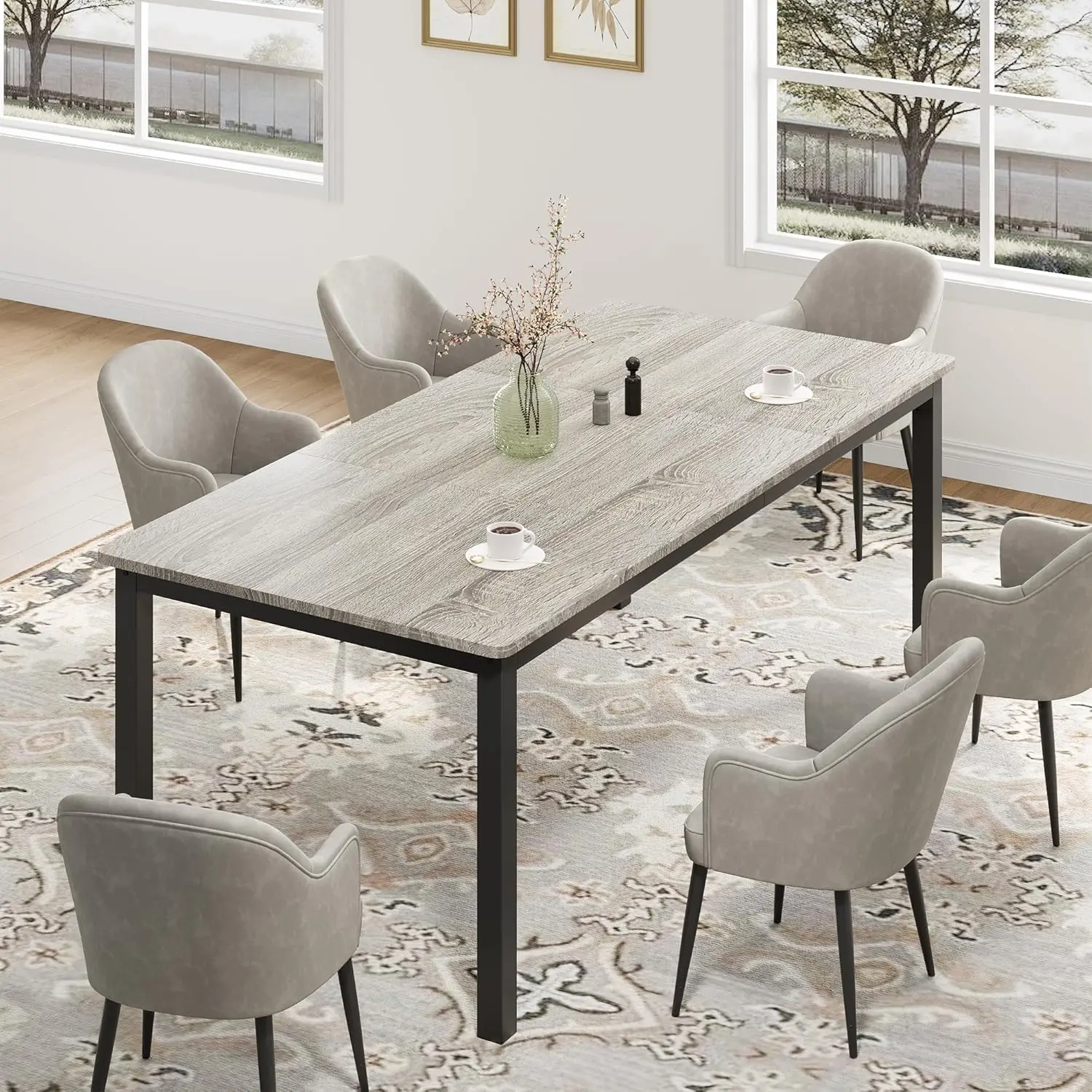 78.7in Industrial Dining Table for 8 Wooden Long Dinner Table with Mortise Tenon Design Kitchen Table with Sturdy Metal Legs for Dining Room Home Office Living Room Grey