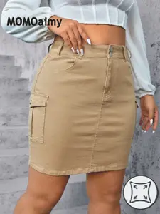 New Plus Size Women's High Elasticity Solid Color Cargo Denim Skirt, Dual Button Design, Stretchy Fabric, Waist Cinching, Fashionable and Versatile