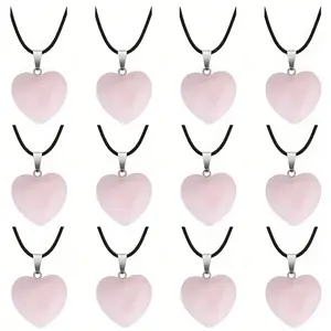 Rose Quartz Stone Heart Pendants With Black Artificial Rope, Room Decoration Artificial Crystal - Suitable For Jewelry Making Couple Crystal Necklace, Ideal Mother'S Day Gift, 20pcs Heart Pendants + 20pcs Necklaces