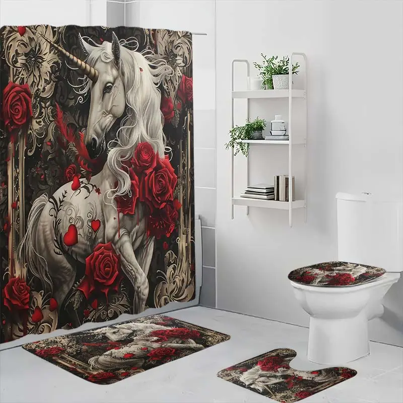 4 set of red rose unicorn patterned shower curtains,The 4-piece set includes a single shower curtain, anti slip floor mat, toilet U-shaped mat, toilet lid mat, with shower curtain hook, and belongs to bathroom decoration products