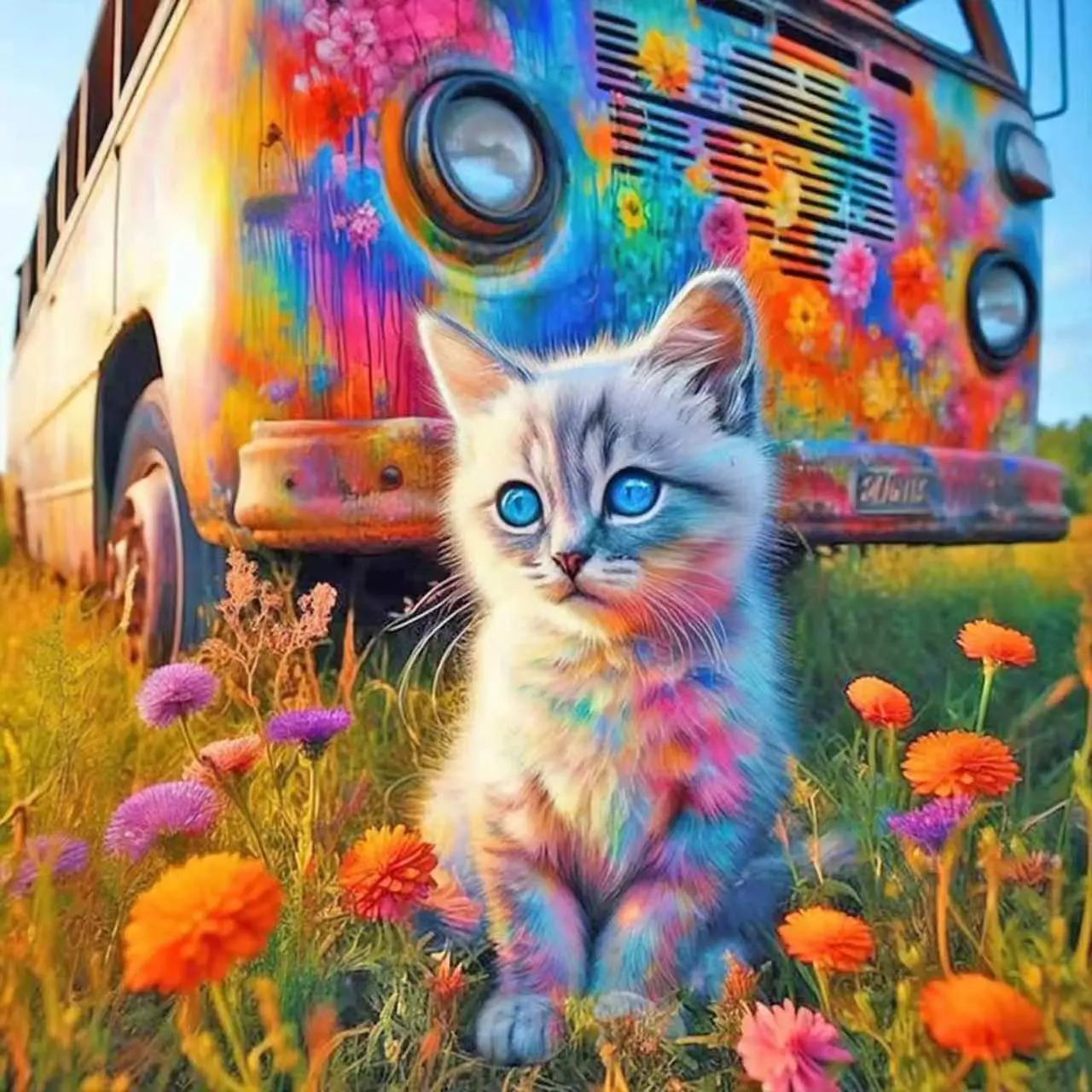 Rainbow Fluffy Kitten With Vintage Graffiti Bus Wildflower Diamond Art Kit - 11.8"×11.8"