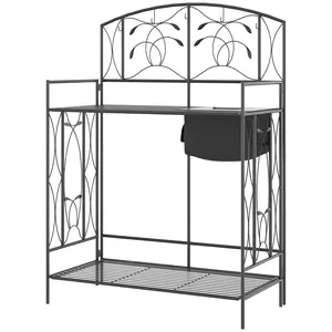 Leaf pattern folding metal potting bench with covered soil storage bag five hanging hooks and double draining shelves fits portable gardening work on patio garden backyard sites