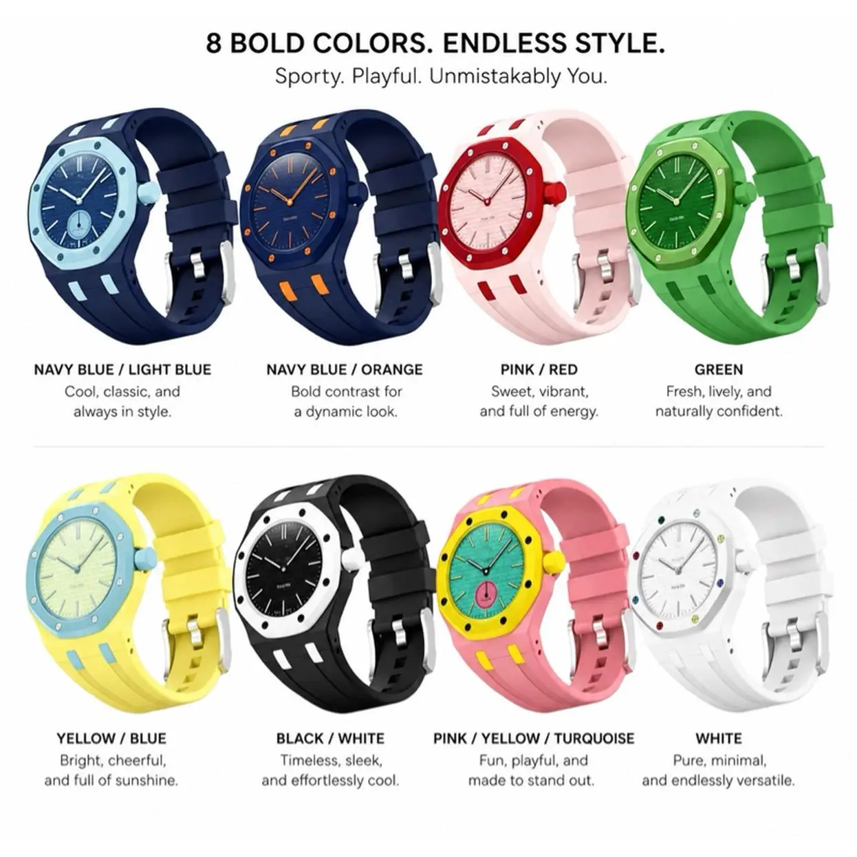 Swatch Royal Pop Watch Band Mod Kit - Silicone Band for Swatch x AP Royal Pop Watch - Sporty Style - 8 Bold Colors - Navy Blue/Light Blue, Navy Blue/Orange, Pink/Red, Green, Yellow/Blue, Black/White, Pink/Yellow, White