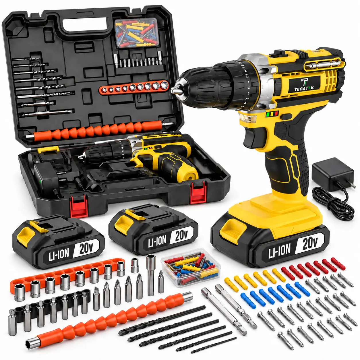 20V Cordless Tool Kit Set - Rechargeable Lithium Ion Wireless Drill Driver, Drill Bits, Screwdriver Bits, Sockets, Flexible Shaft, Screws, Wall Anchors for Home Repair, Furniture Assembly, Lithium Ion Drills