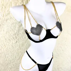 Dazzling Heart Chain 3-Piece Lingerie Set Open-Cup Design Bra with Crystal Chest Piece and Mesh Gloves