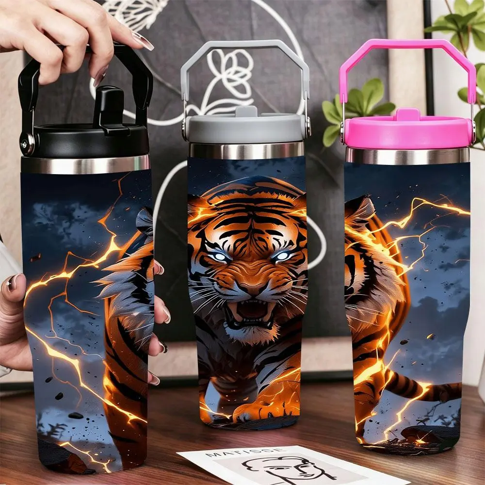 Fiery Blue-Eyed Tiger Lightning Stainless Steel Flask Bottle Tumbler with Lid & Straw, 40oz/30oz/22oz/20oz/12oz Double Wall Vacuum Insulated, Leak-Proof BPA-Free Travel Cup for Gym, Office