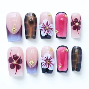 10PCS  Short Square Handmade 3D Acrylic Press On Nails with 3D Flowers | Reusable Fake Nails | Gradient French Style | Salon Look a japanese nail cherry decor Halloween Gradient Spider French Nails Kit