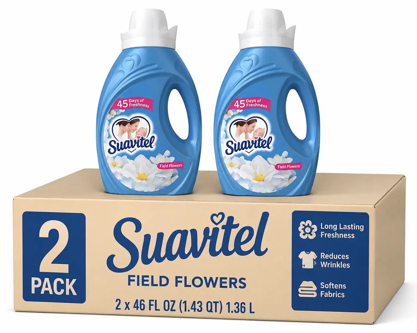 Suavitel Field Flowers Liquid Fabric Softener, 2 Pack (2 x 46 fl oz Bottles) – 45 Days of Freshness, Floral Scent, Softens Fabrics & Reduces Wrinkles