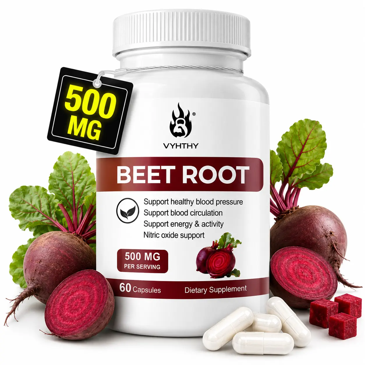 VYHTHY Organic Beetroot Dietary Supplement Capsules (60 Count) - Healthcare & Fitness Support for Healthy Blood Circulation, Energy Levels | Third-Party Tested