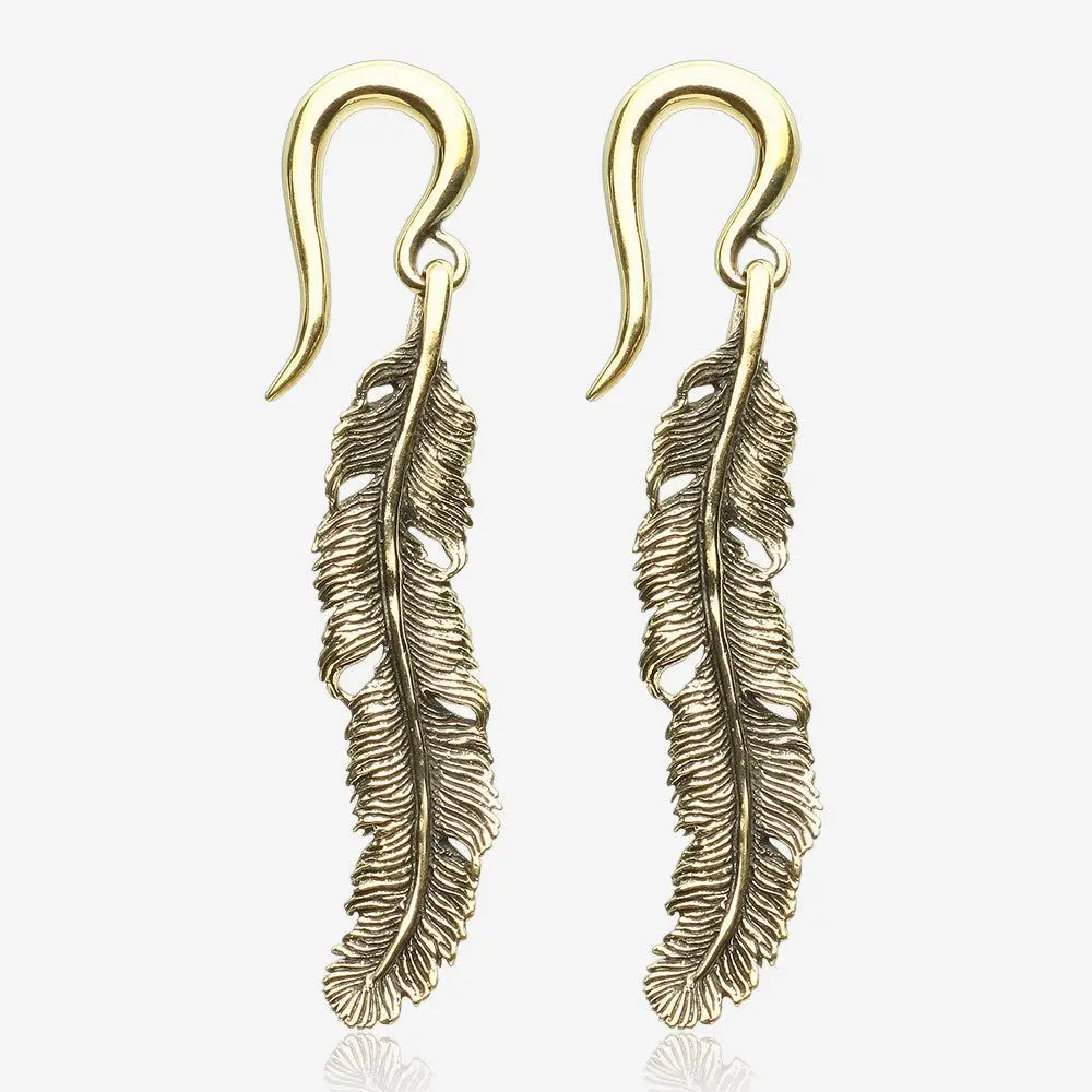 Vintage Enchanted Bali Feather Golden Brass Ear Weight Hanger for Stretched Earlobes Eye-Catching Design