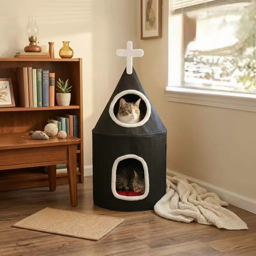 foldable chapel cat condo,dual cat caves ,premiumm felt matrial,removable red plush cushion, side scratching board,cozy indooe pet furniture