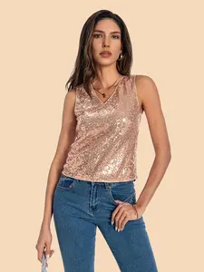 Women's Glitter Sequins V Neck Tank Top, Fashion Casual Sleeveless Top for Daily Outdoor Wear, Ladies Clothes for Summer