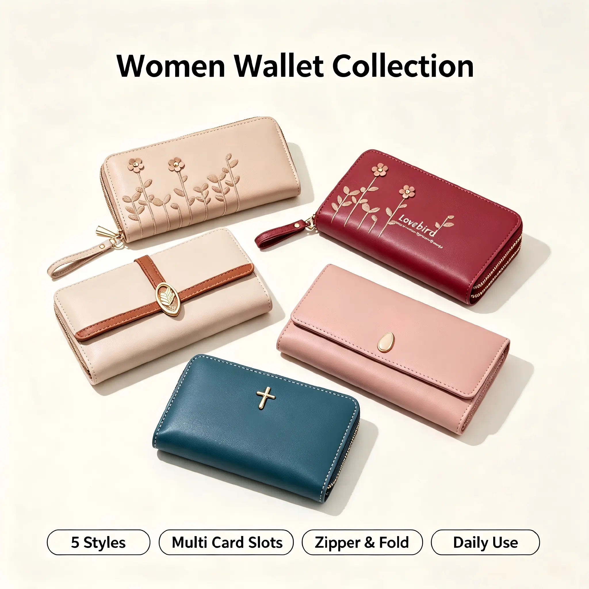 (W21-40)-Women Wallet Collection, Multi-Style Zipper & Fold Wallet, Embossed Floral / Bird Print / Leaf Buckle  / Cross Detail, Large Capacity Multi Card Slots Coin Purse