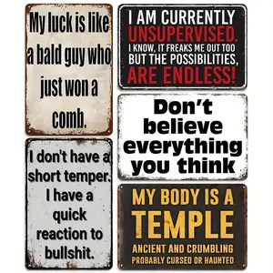 [Funny Vintage Tin Signs] 5pcs Funny Vintage Tin Signs, Satirical And Self-Mockery Style Metal Posters, Humorous Poster With Inspirational Quotes For Home, Coffee, Gifts, Office, Living Room, Bedroom, Doorway Street, Yard, Porch, Garage