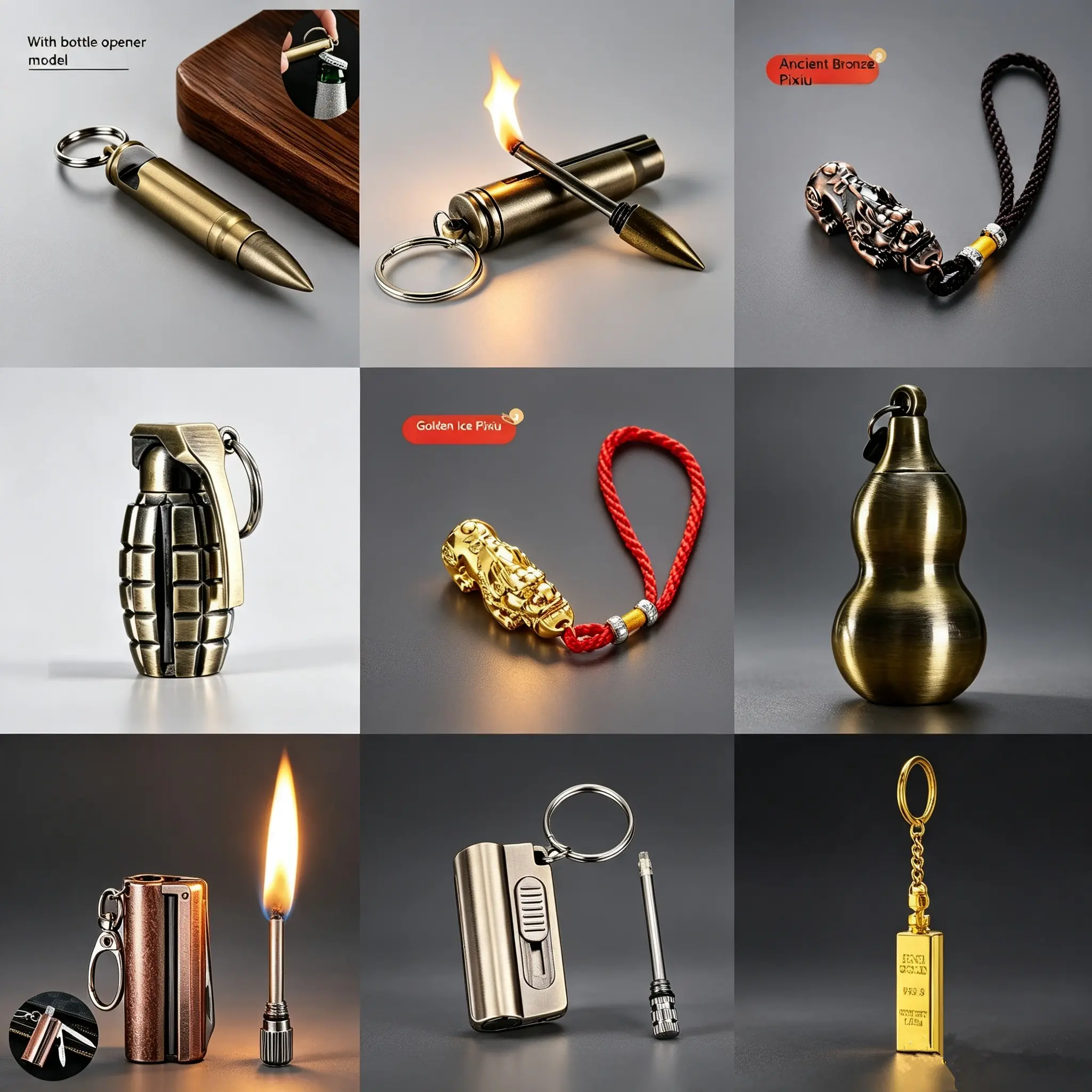 Multi-Functional Metal Keychain Igniter, 9 Shapes Available, Portable Pocket EDC Key Ring Tool for Outdoor Camping Gift(No Fuel Included)