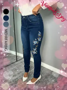 Women's Floral Embroidery Denim Button Jeans, Fashion Casual Comfy Fit Elastic Skinny Pants for Daily Outdoor Wear, Ladies Bottoms for All Seasons