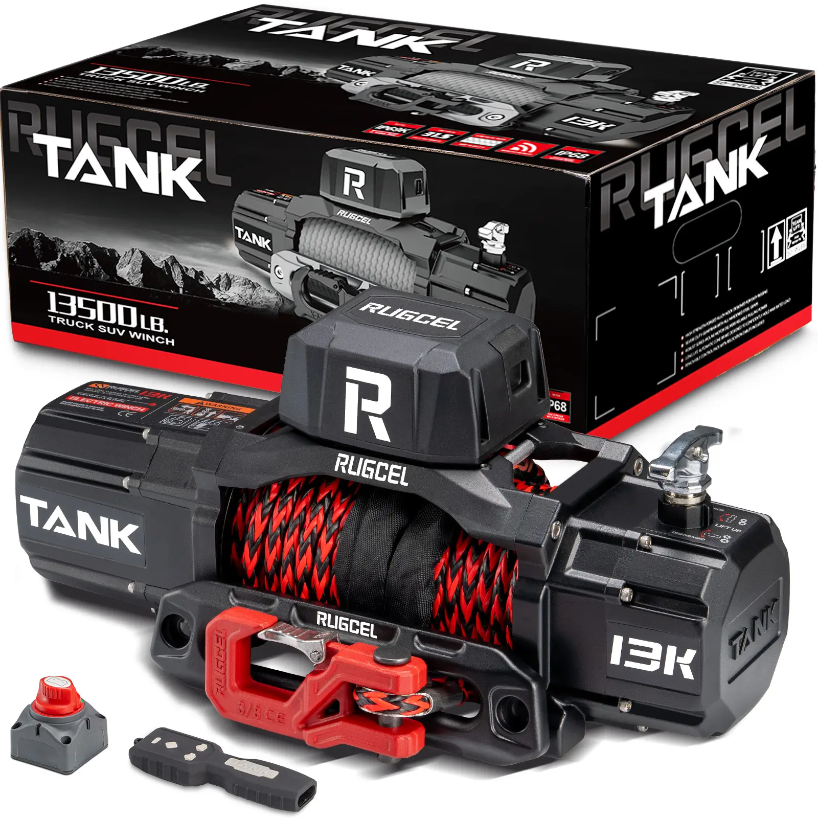 RUGCEL TANK 13500 lb Waterproof Electric Synthetic Rope Winch 12V Off-Road Recovery  Hunting Engineering Farming Tool