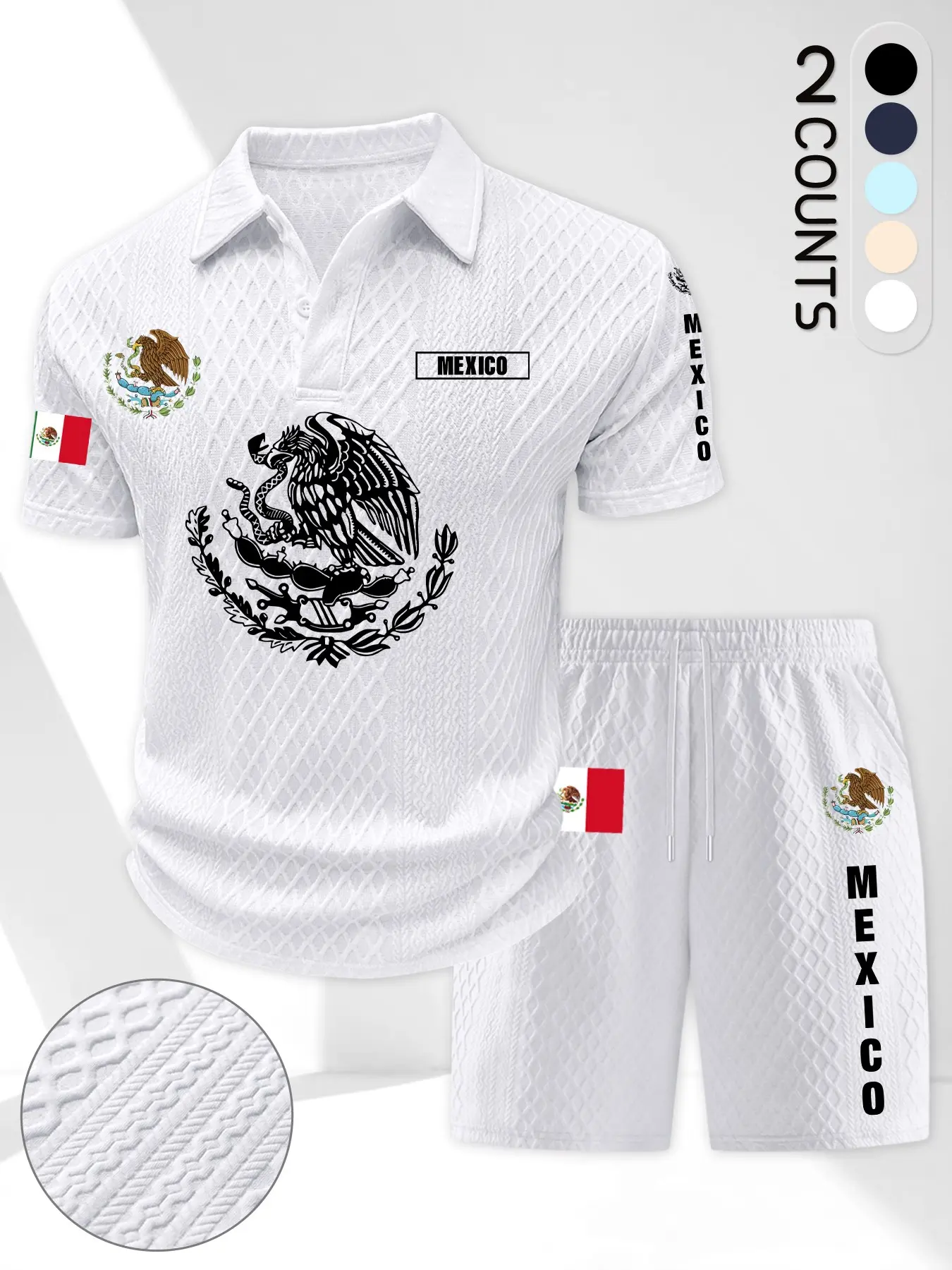 Men's Summer Mexican Style 2-Piece Set, Textured Polo Shirt + Casual Shorts, Perfect for Daily, Streetwear, Sports, Cultural