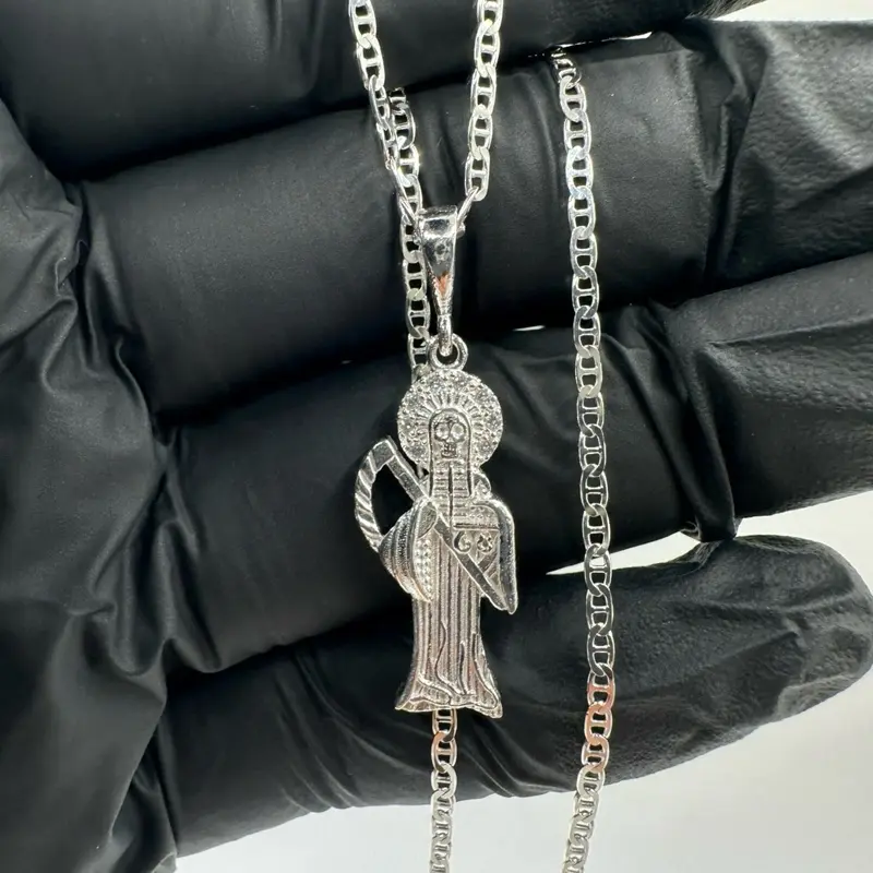 925 Sterling Silver Mini Santa Muerte Necklace for Women & Kids - 20in Mariner Chain