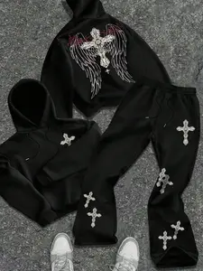 Men's Loose-Fit Hoodie & Sweatpants Set, Cross Print Design, Long Sleeve Kint Fabric, Fall Winter Street Style Casual